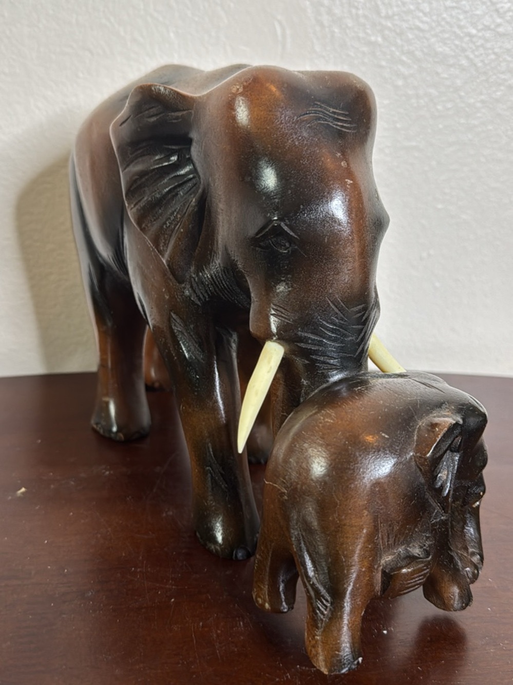 Hand-Carved Wooden Elephant Pair - Brown